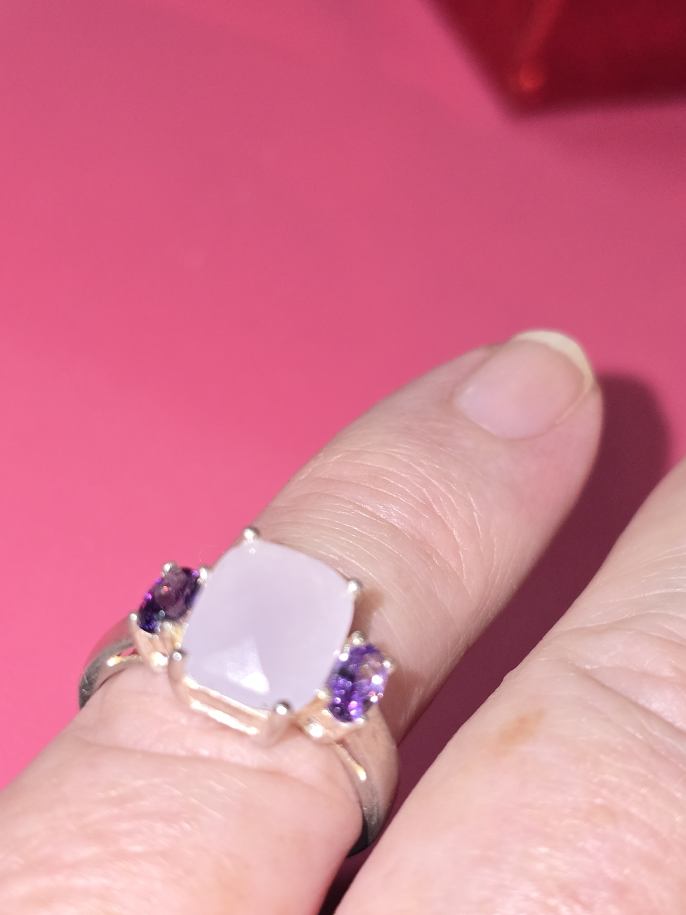 Sterling Silver Lavender Chalcedony & Amethyst Three-Stone Ring Size 7 - Picture 7 of 9